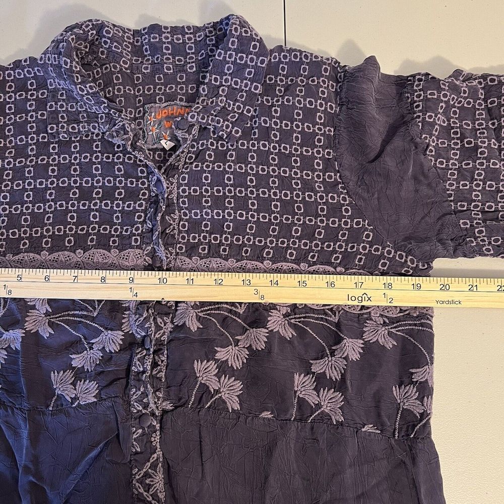Johnny Was Sheer Floral Embroidered Eyelet Blouse Boho Purple Button Up Sz Large - Picture 6 of 8